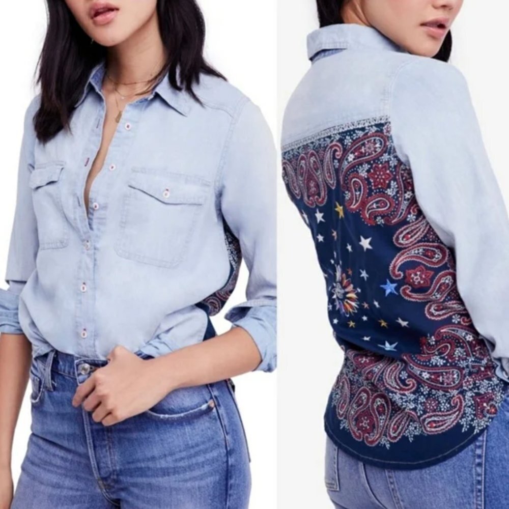 ⭐️ NEW FREE PEOPLE Chambray Bandana Button Up Top Small Bandit Denim Boho